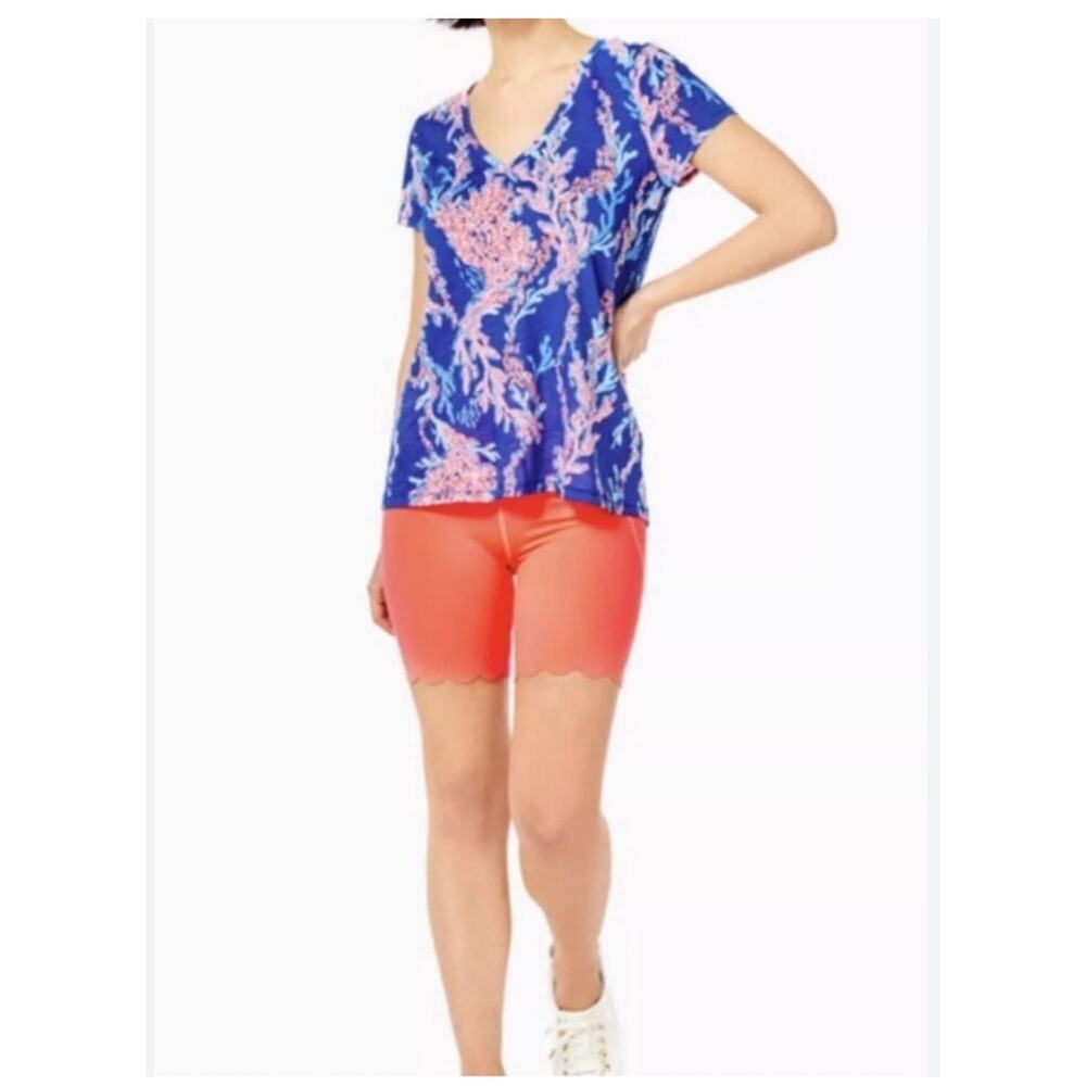 Lilly Pulitzer Etta V-neck Top Size XS Borealis Blue Coral Beach Preppy Colorful